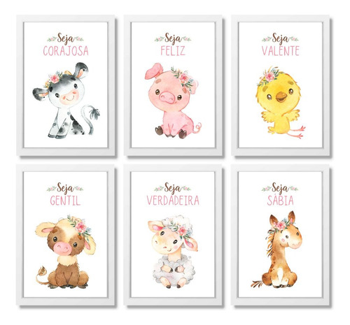 6 Quadros Decorativos Infantil Fazendinha Menina Aquarela 