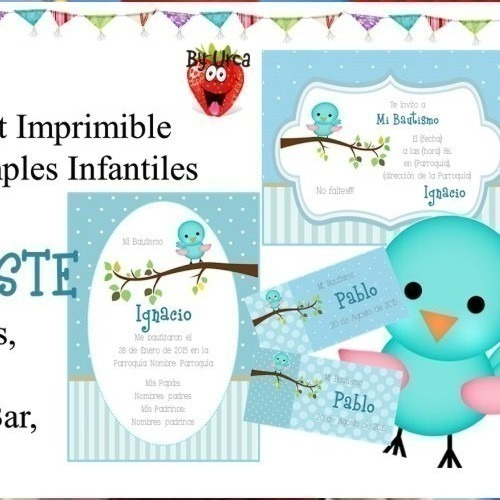 Kit Imprimible Pajaritos Celeste Candy Deco Cumples Bautismo