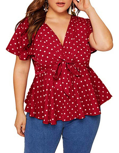 Camisa De Manga Corta Con Cuello En V De Talla Grande Polka