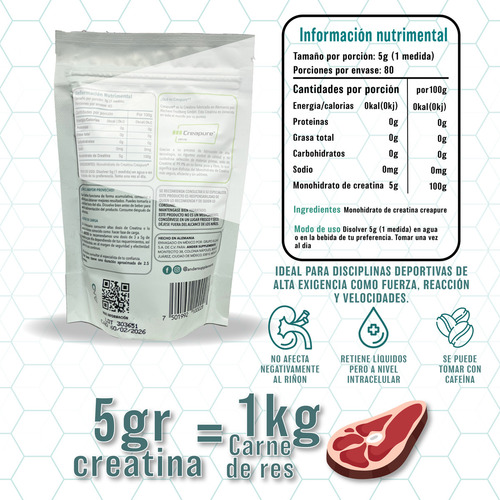 Creatina Monohidratada Ander En Polvo 100 % Pura Creapure 200 Gr Sabor Sin Sabor