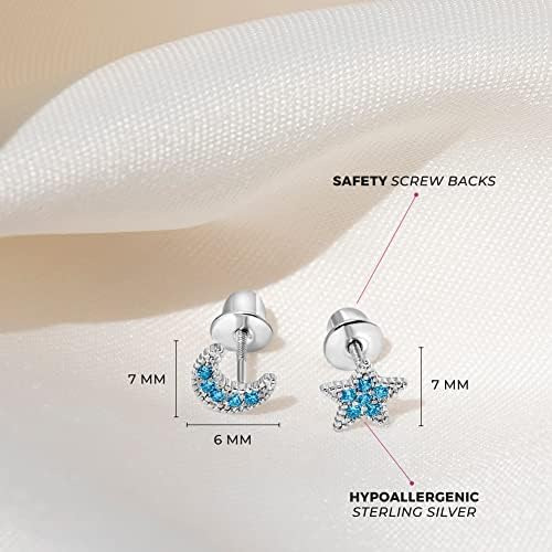 Aretes De Plata De Ley 925 Con Luna Azul Y Estrella Atornill