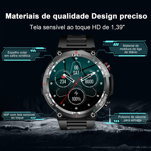 Masculino Smartwatch Relógio Inteligente Militar Smart Watch Caixa Preto Pulseira Preto Bisel Preto