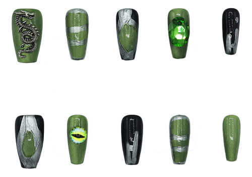Kit 10 Uñas Postizas #1291 Press On Verde Serpiente Vivora