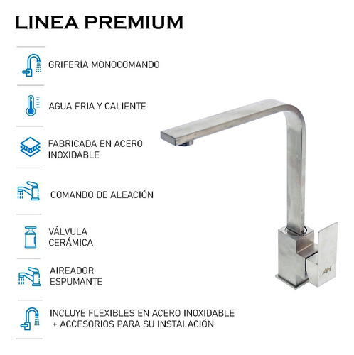 Griferia Cocina Monocomando Canilla Curvo Ah Home Ah01s Acabado Mate Color Cepillado