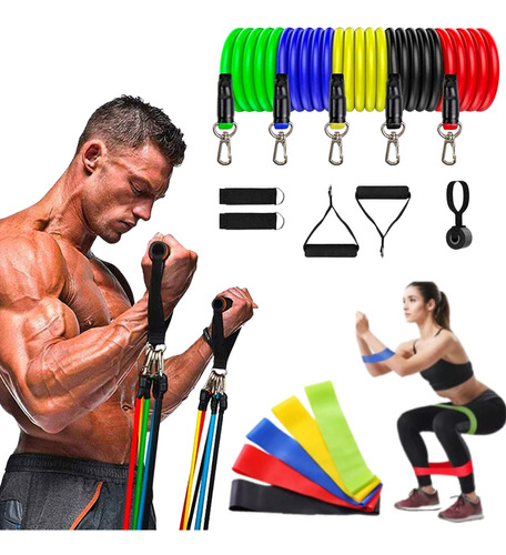 Kit Treino Em Casa 11 Elástico Extensor + 5 Mini Band Fitnes