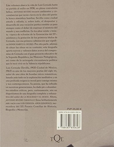 Luis Cernuda Años Españoles (1902-1938). Biografia, De Rivero Taravillo, Antonio. Editorial Tusquets En Español