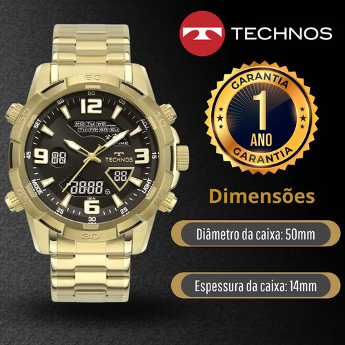 Relógio Technos Masculino Digitech Aço Dourado Original