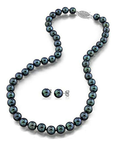 Conjunto De Perlas Negras Akoya De Oro 14k - Compatible Con 