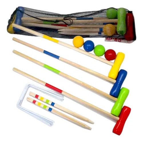 Juego Croquet Madera Palos Arcos Único Con Red Para Llevar