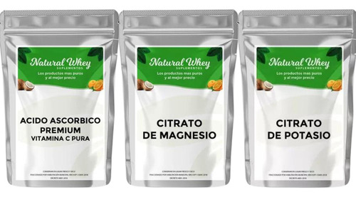 Natural Whey Citrato De Magnesio 1 Kg + Citrato De Potasio 1 Kg + Vitamina C 500g