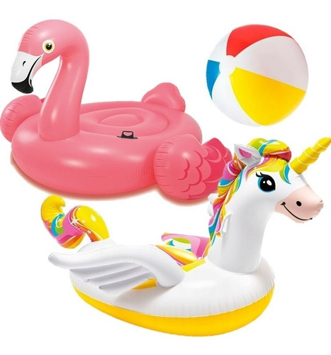 Set Unicornio, Flamingo Salvavidas Montable Xl Alberca Intex