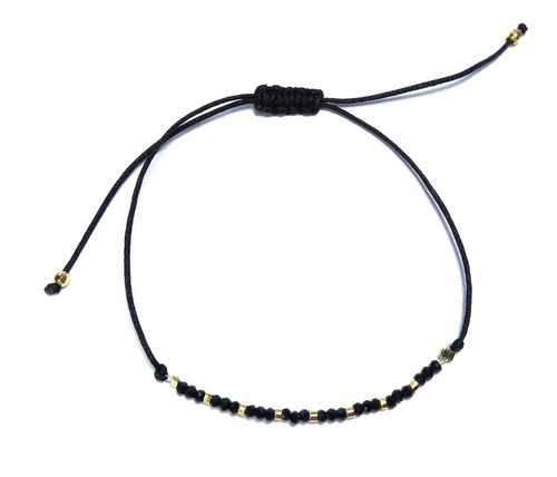 Pulsera Cristales Negro Mostacilla Enchapado En Oro 18k