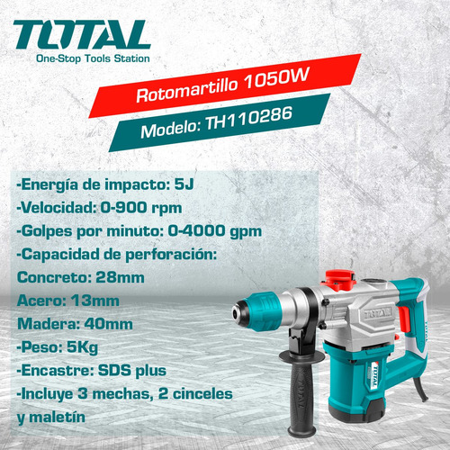 Imagen 7 de 10 de Rotomartillo 1050w Total Sds Plus 5.0j