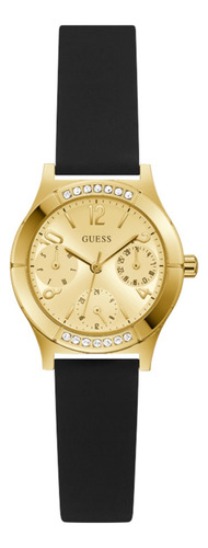 Reloj De Pulsera Guess Steel Gw0451l1 De Cuerpo Color Dorado, Analógico, Para Mujer, Fondo Dorado, Con Correa De Silicona Color Negro, Bisel Color Dorado Y Hebilla Simple