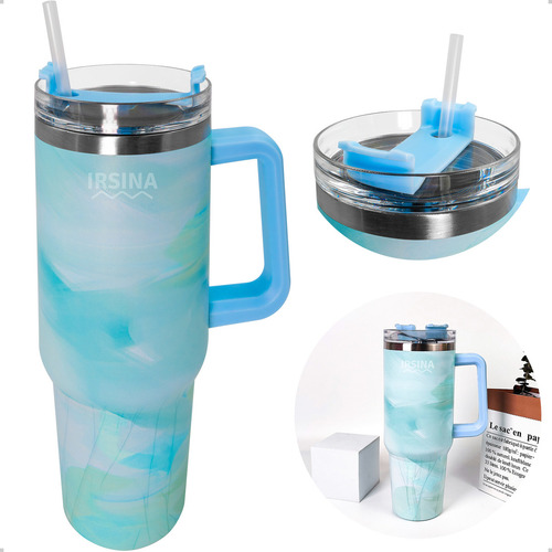 Garrafa Térmica 1200ml Estilo Aquarela Degradê Tampa Transparente Com Canudo Alça Lateral Bebida Fria Ou Quente Carro Festa Evento Aço Inox Cor Azul Irsina