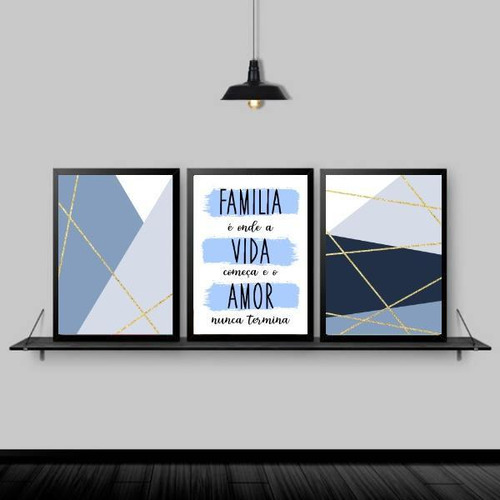 Kit 3 Quadros Família Vida Amor Azul 45x34cm Moldura Preta