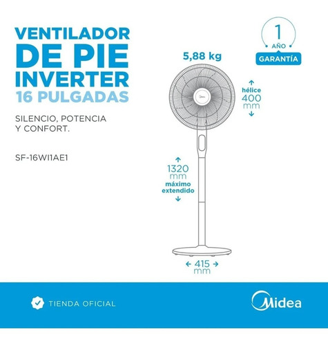 Imagen 5 de 10 de Ventilador Midea Inverter Control Remoto 16 Sf-16wi1ae1 Digi
