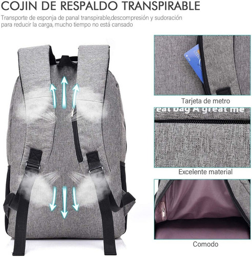 Imagen 7 de 8 de Mochila Gris Impermeable Y Antirrobo Con Conector Usb