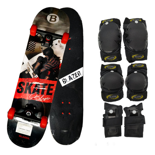 Patineta Skateboard Modelo Re Con Lija Negra + Protecciones