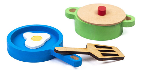 Bateria Cocina Madera Juguete Didáctico Sarten Olla Huevo Color Multicolor