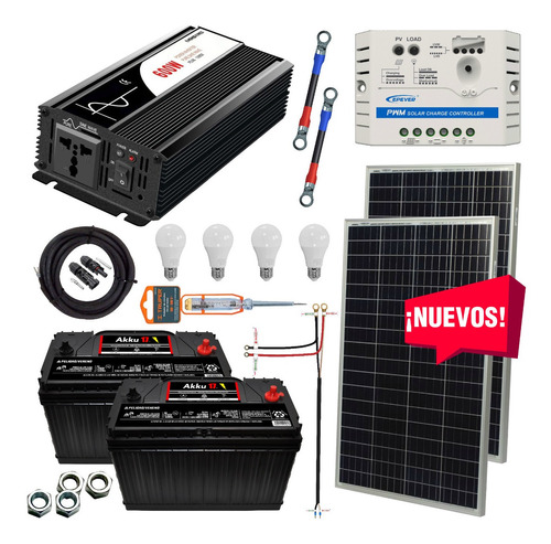 Kit Solar 1100 Watts Akku, Inversor 600w Onda Pura, Pwm Sd