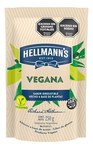 Mayonesa Hellmanns Vegana X 250 Gr Sin Tacc Libre De Gluten