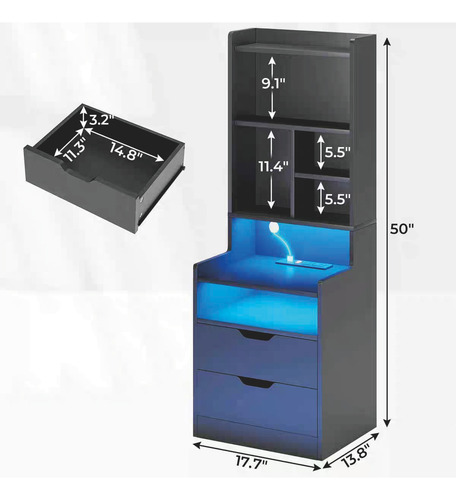 Mesita De Noche Vintage De Madera Con Enchufe Y Luz Led Negro