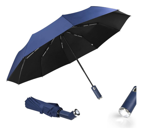 Paraguas Apertura Y Cierre Automático Con Linterna 58cm Color Azul Diseño De La Tela Liso
