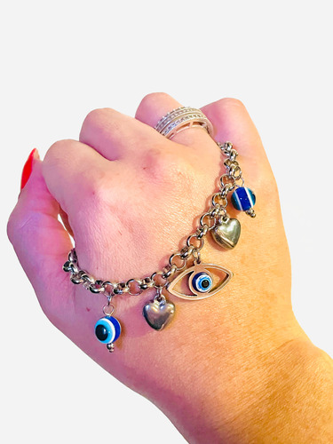 Pulsera Roló Y Ojo Turco Azul 17+3cm De Acero Quirúrgico316