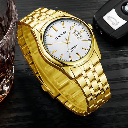 Reloj De Cuarzo Con Correas De Acero Con Calendario Kingnuos Color De La Correa Dorado Color Del Fondo Blanco