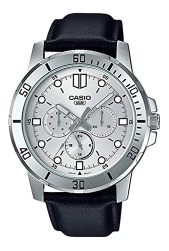 Reloj pulsera Casio MTP-VD300 con correa de cuero color negro - fondo plateado