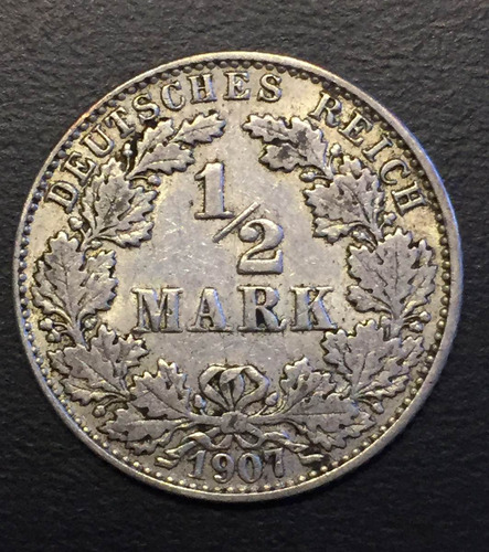 Ale296 Alemania Imperio 1/2 Mark 1907 J F-vf Plata Ayff