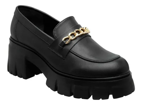 Mocasin Negro Suela Chunky Plataforma Moderno Mujer Hebilla
