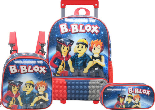 Kit Mochila Rodinhas Infantil Menino Pop It Lancheira Estojo Cor Azul Desenho Do Tecido Blox