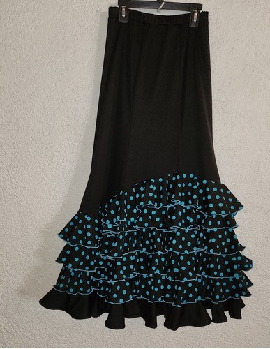 Pollera Falda Flamenco, Negra Lunares Turquesa. 