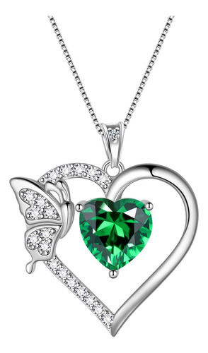 Collar Cadena De Plata 925 Con Dije De Corazón Para Mujer Color Verde-mayo
