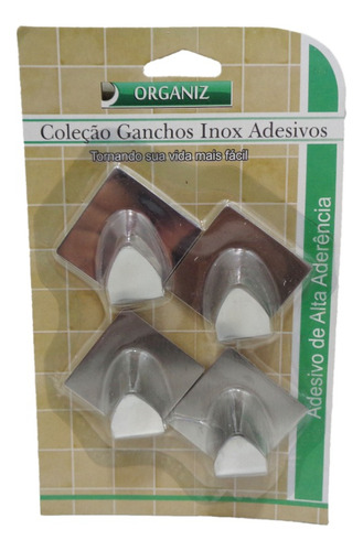 Kit 4 Ganchos Aço Inox Quad De Parede Autoadesivo Kehome Cor Prateado