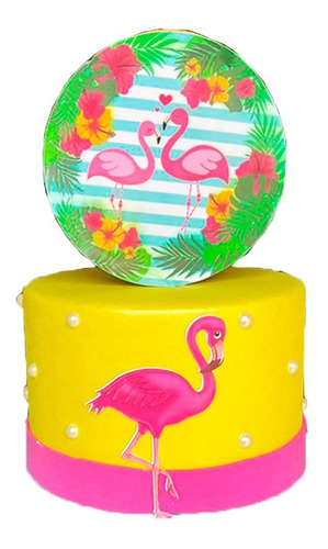 Bolo Fake Tema Flamingo 2 - Base Única 15x10 C/ Topo