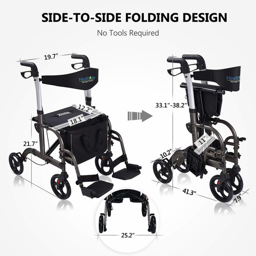 Health Line - Silla De Transporte Con Ruedas 2 En 1 Con...