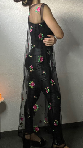 Kimono Vestido Largo Fiesta Noche Tul Bordado Túnica Chaleco