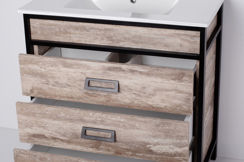 Mueble Vanitory Con Bacha Loza 3 Agu Iron Campi 80cm Roble V