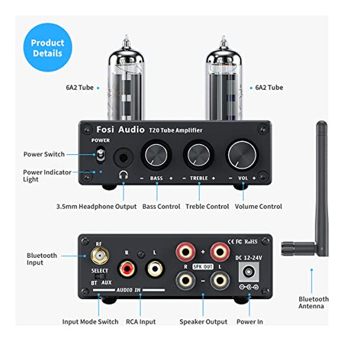 Fosi Audio T20 Bluetooth 5.0 Tube Amplifier Headphone Amp Su
