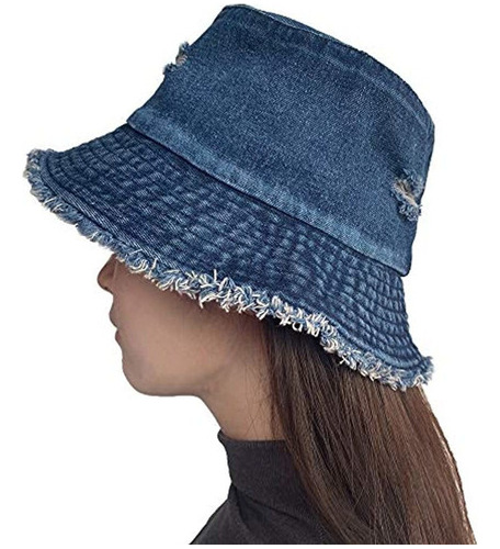 Sombrero De Cubo Jean Denim Mujer Vintage Ajustable Frayed R