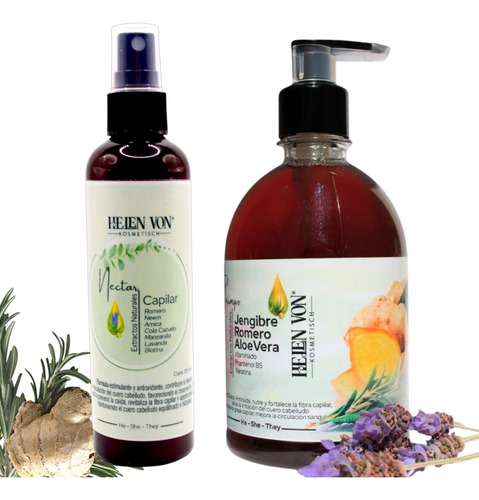 Kit Shampoo Y Nectar Fortalecedor Para Cabello Romero Jengib
