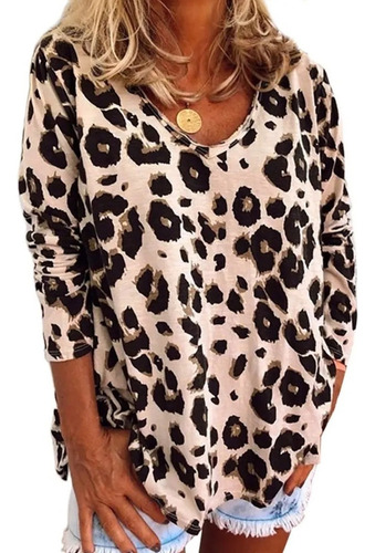 Blusa Manga Larga Color Khaki Animal Print Leopardo Moderna