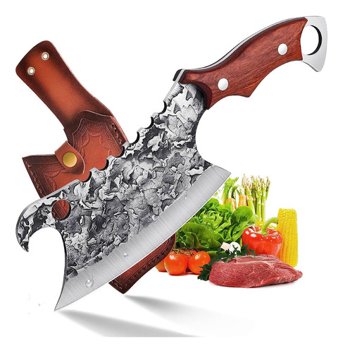 Cuchillo De Carnicero De Cocina Forjada A Mano Con Funda