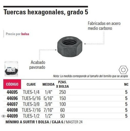 Imagen 2 de 4 de Tuerca Grado 5 Hexagonal 1/4' Fiero 44695