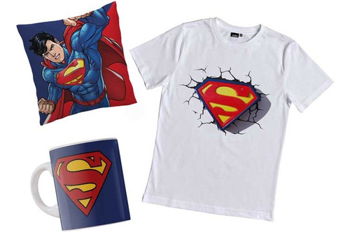 Combo Remera Superman Dc Escudo Con Taza Y Almohada