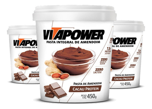 Kit 3 Pasta De Amendoim Vitapower Cacau Protein 450g Potes