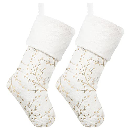 Stockings Blanco Peluche Glitter Navideño Pack De 2